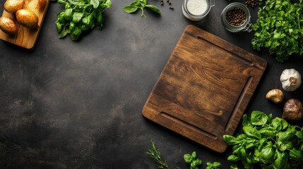 Top view of a kitchen counter with a cutting board, open space for copy