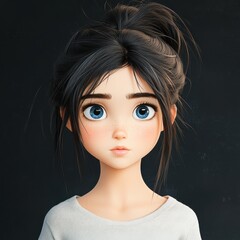 Poster - A stunning 3D character of a young girl with fair skin, dark hair, and blue eyes, captured in ultrarealistic detail.