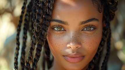 Wall Mural - A close-up portrait of a young woman with braided hair, showcasing her luminous eyes and freckles in a warm outdoor setting during golden hour. Generative AI