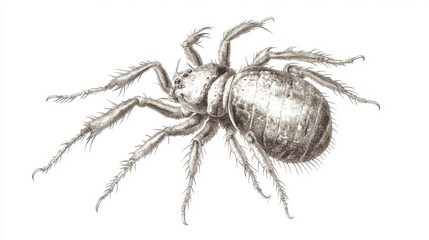 Wall Mural - A detailed vintage engraving of a mite, showing its segmented legs and body with fine texture, isolated on a white background