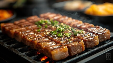 Wall Mural - Sizzling beef steak marks grill grates, promising a flavorful gourmet meal