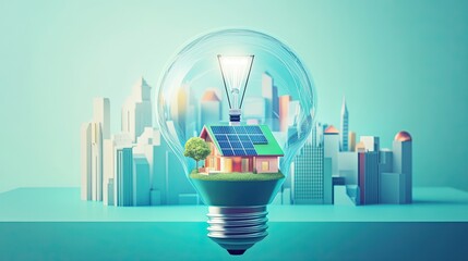 Lightbulb Containing a Small House with Solar Panels, Set Against a City Skyline. The Vibrant Cityscape Highlights Renewable Energy Integration in Urban Environments, Contrasting 3