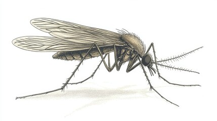 Wall Mural - A vintage illustration of a mosquito in a naturalistic pose, with intricate details on its wings and legs, isolated on a white background