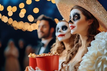 Adults in vintage horror movie costumes, enjoying a themed movie night, celebrating Halloween, nostalgic fun