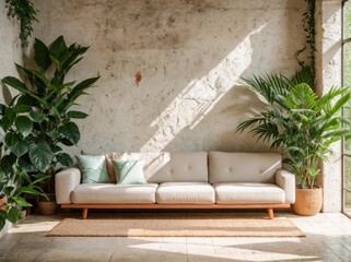 Wall Mural - Relaxing beige sofa enveloped by indoor greenery with rustic wall backdrop 