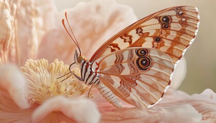 A beautiful butterfly resting on a soft-colored flower, its wings adorned with stunning patterns and vibrant colors, the subtle tones of the flower highlighting the elegance of the butterfly