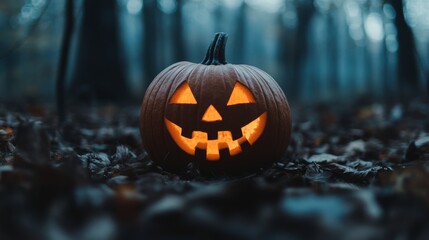 Jack-o'-Lantern's Eerie Glow: A carved pumpkin illuminates the forest floor with an unsettling grin, casting long shadows in the twilight. 