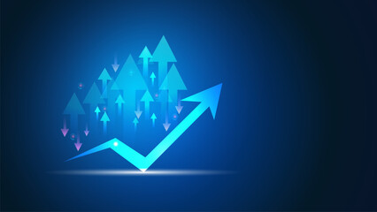 Business growing up. Rise arrow chart profits on investment, finance and trade. Vector background blue