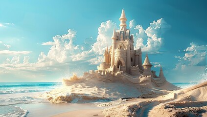 A sandcastle on the beach with waves in the background and a blue sky