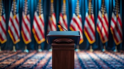 Podium set up for a political speech with American flags in the background at a formal event