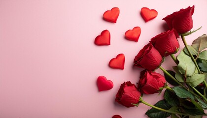 Valentine's day frame with love gifts, coffee, bouquet of red roses on white background. Romantic greeting card for dating. View from above. Copy space.