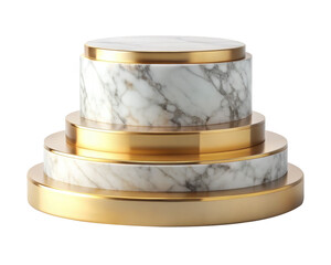 White marble tiered pedestal with gold accents, featuring a sleek design for high-end product displays or artistic exhibitions. Isolated on transparent background, png.