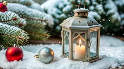 Canvas Print -  lantern with candle and christmas ball