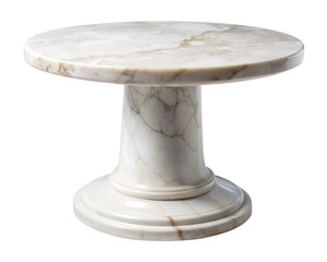 White marble display table with a round base and natural veining, ideal for modern interiors or luxury decor settings. Polished and stylish for a refined look. Isolated on transparent background, png.