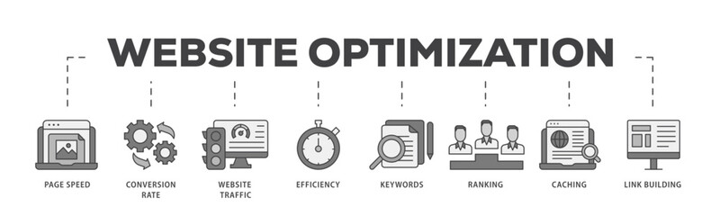 Aufkleber - Website optimization icon infographic illustration concept with icon of page speed, conversion rate, website traffic, efficiency, keywords, ranking, caching  icon live stroke and easy to edit 