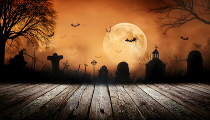 Wall Mural - Halloween big moon, bats pumpkins, graveyard, overlay background