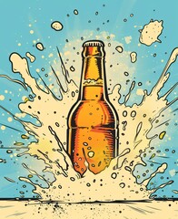 beer bottle with comic pop explosion aesthetics in bright orange and black contour on a turquoise background