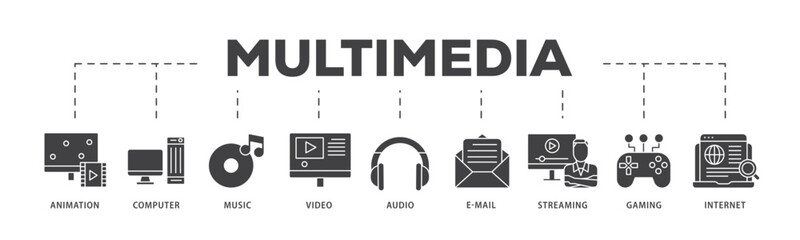 Poster - Multimedia icon infographic illustration concept with icon of e mail, video, audio, internet, streaming, gaming, music, computer, animation icon live stroke and easy to edit 