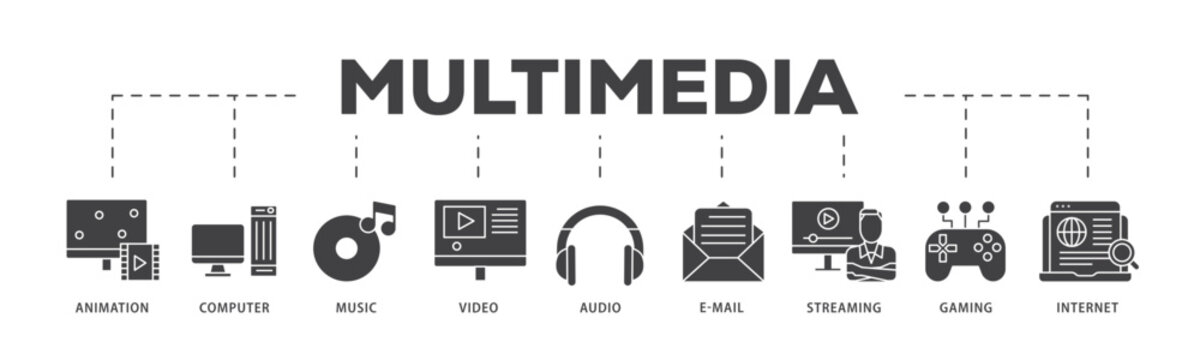 Multimedia icon infographic illustration concept with icon of e mail, video, audio, internet, streaming, gaming, music, computer, animation icon live stroke and easy to edit 