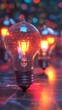 © arhendrix - Close-up of illuminated light bulb with blurred colorful lights in background, symbolizing innovation and bright ideas.