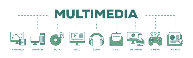 Poster - Multimedia icon infographic illustration concept with icon of e mail, video, audio, internet, streaming, gaming, music, computer, animation icon live stroke and easy to edit 
