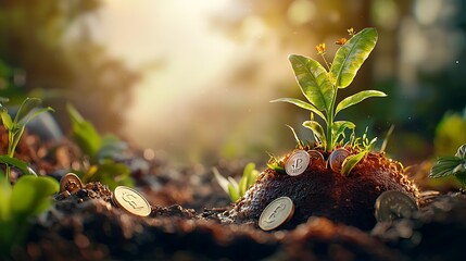 A 3D illustration of economic resilience, showcasing a plant growing from coins, symbolizing recovery and sustainable growth, with ample copy space for your message.