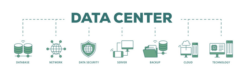Poster - Data center icon infographic illustration concept with icon of database, network, data security, server, backup, cloud and technology icon live stroke and easy to edit 
