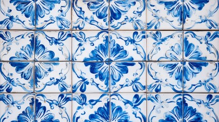 Top view of a traditional Portuguese azulejo tile pattern with blue and white designs, laid out on a decorative wall