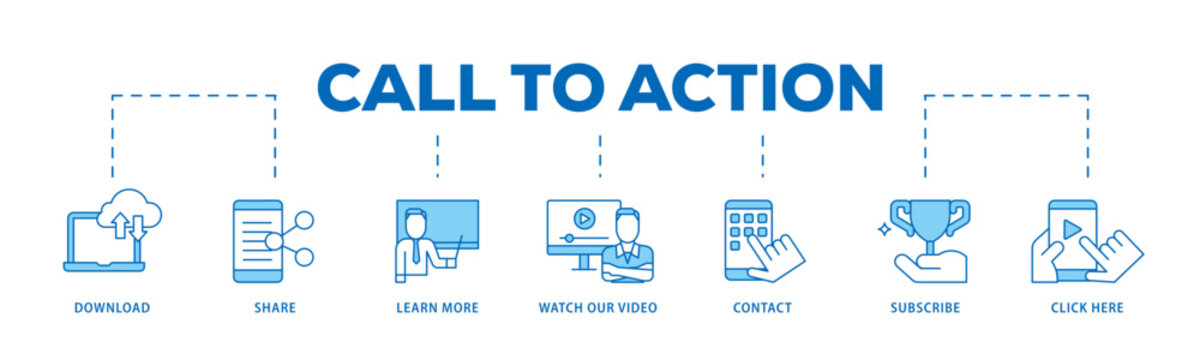 Call to action icon infographic illustration concept with icon of  click here, watch our video, subscribe, contact, learn more, share, download icon live stroke and easy to edit 