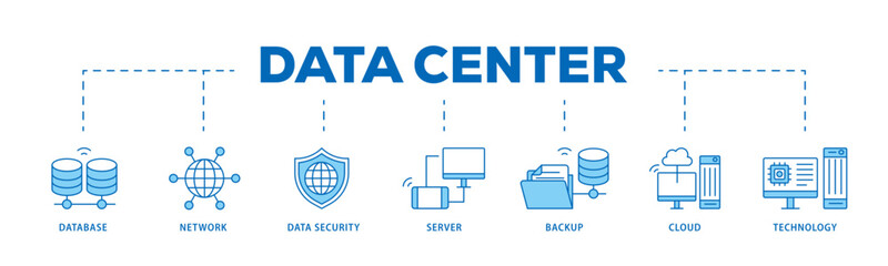 Poster - Data center icon infographic illustration concept with icon of database, network, data security, server, backup, cloud and technology icon live stroke and easy to edit 