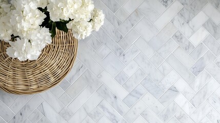 Canvas Print - Top view of a basketweave tile pattern in white marble, creating an elegant and timeless design on a bathroom floor