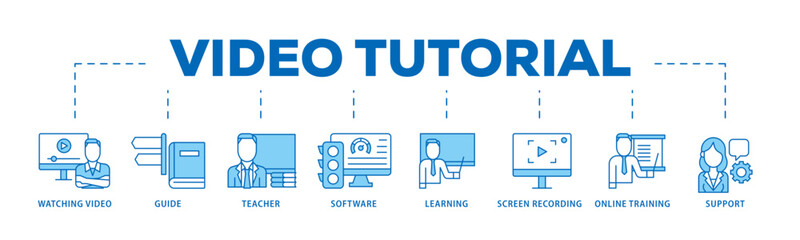 Poster - Video tutorial icon infographic illustration concept with icon of watching video, guide, teacher, software, learning, screen  recording, online training, support icon live stroke and easy to edit 