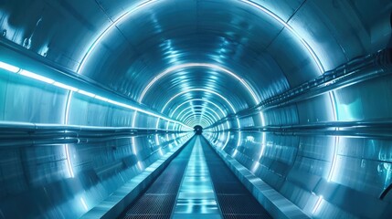 Poster - Futuristic tunnel with blue neon lights creating a mesmerizing, immersive atmosphere for modern technology visuals.