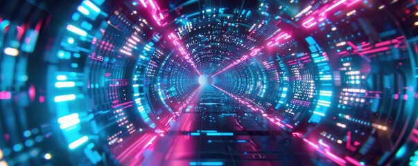 Aufkleber - Futuristic tunnel with vibrant blue and pink neon lights, creating a mesmerizing visual effect. Perfect for sci-fi themes.
