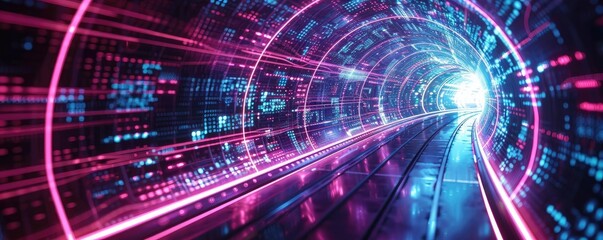 Poster - A vibrant tunnel of light, showcasing neon colors and digital patterns, representing speed, technology, and futuristic concepts.