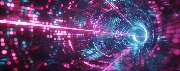 Poster - Vibrant digital tunnel with glowing particles and beams of light, creating a futuristic and high-tech atmosphere.
