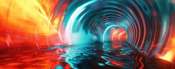Poster - A vibrant and mesmerizing abstract tunnel with colorful lights reflecting on water, evoking a sense of depth and movement.