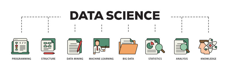 Sticker - Data science icon infographic illustration concept with icon of data, classification, analyze, statistics, solving, decision and knowledge icon live stroke and easy to edit 