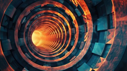 Poster - A captivating view of a spiral tunnel illuminated by warm colors, creating a mesmerizing sense of depth and movement.