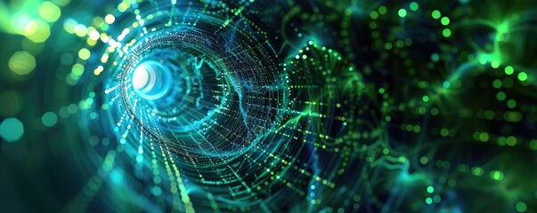 Poster - A mesmerizing digital swirl of green and blue light, resembling a futuristic tunnel of energy and motion.
