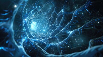 Poster - A mesmerizing blue abstract digital space, evoking feelings of infinity and exploration with glowing elements radiating throughout.