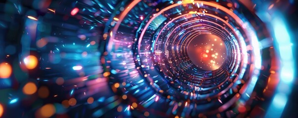 Poster - Vibrant light tunnel illustration with colorful particles and dynamic patterns, ideal for futuristic themes and technology concepts.