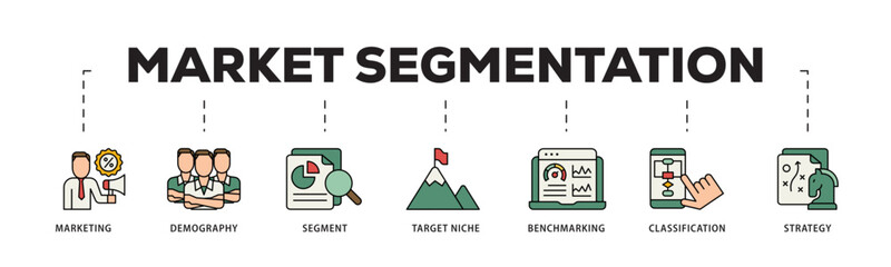 Aufkleber - Market segmentation icon infographic illustration concept with icon of marketing, demography, segment, target niche, benchmarking, classification, strategy icon live stroke and easy to edit 