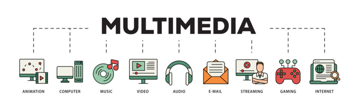 Multimedia icon infographic illustration concept with icon of e mail, video, audio, internet, streaming, gaming, music, computer, animation icon live stroke and easy to edit 