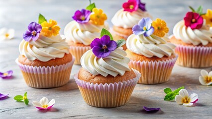 Cupcakes topped with fluffy cream and edible flowers, cupcakes, cream, flowers, dessert, bakery, sweets, gourmet