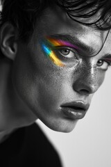 Wall Mural - A black-and-white portrait of a male model with rainbow-colored makeup highlighting the eyes.