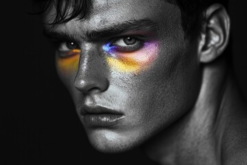 Wall Mural - A black-and-white portrait of a male model with rainbow-colored makeup highlighting the eyes.