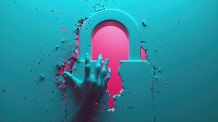 Wall Mural - A conceptual illustration of a digital lock being cracked by shadowy hands, representing the vulnerability of data to hacking and cyber attacks.