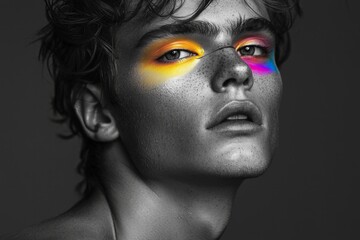 Sticker - A black-and-white portrait of a male model with rainbow-colored makeup highlighting the eyes.