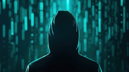 Wall Mural - A dramatic illustration of a hacker's silhouette against a dark digital background, symbolizing the anonymity and stealth involved in cyber attacks and phishing scams.